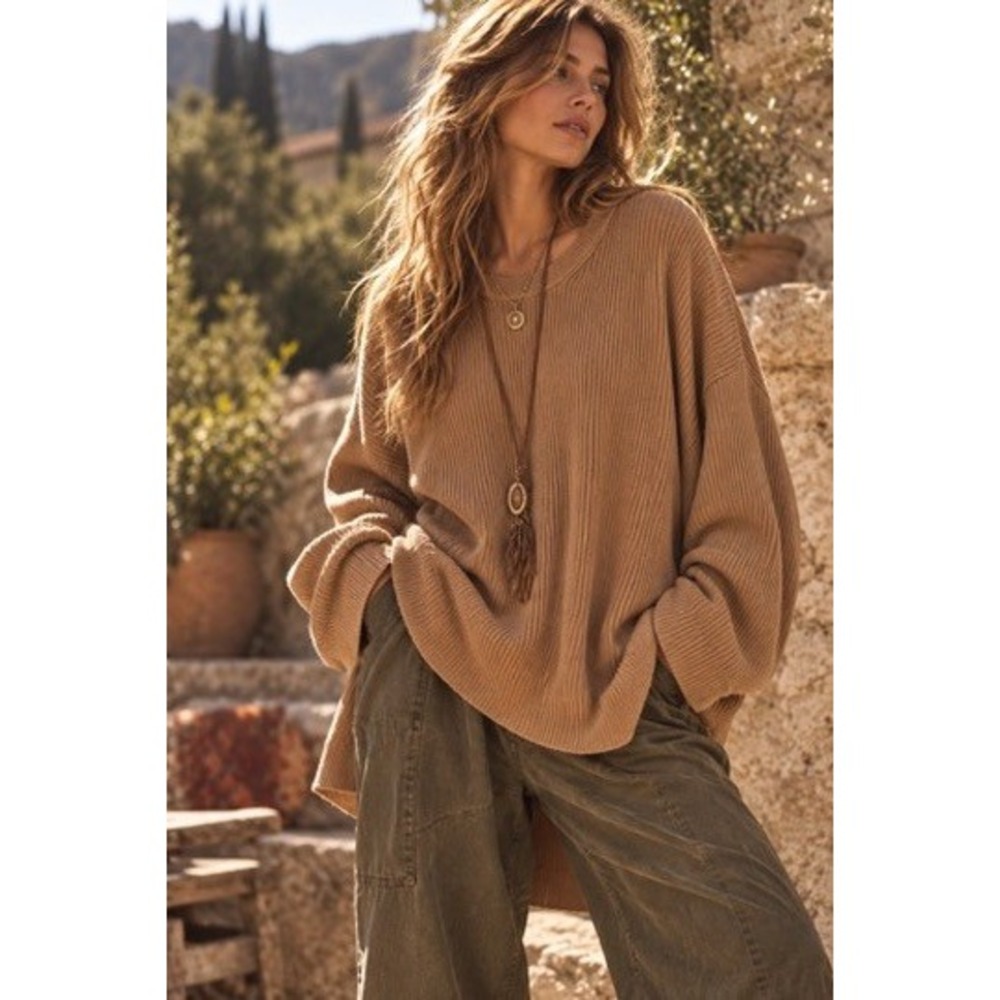 Gap Womens XXL Camel Brown 100% Cotton Oversized Fisherman Ribbed Sweater